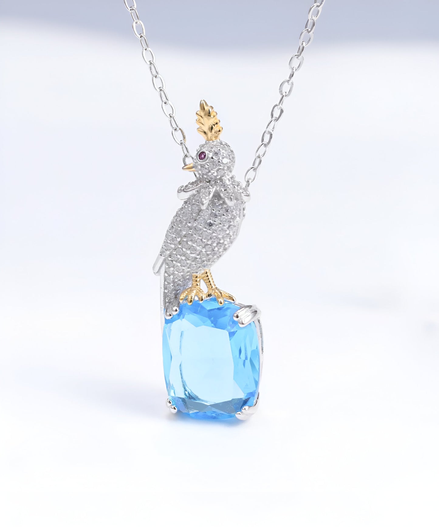 Bird Sitting On Blue Aquamarine Stone Silver Chain