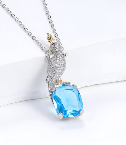 Bird Sitting On Blue Aquamarine Stone Silver Chain