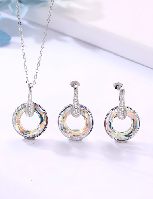 Round-shaped with Rainbow Stone Silver Pendant Set