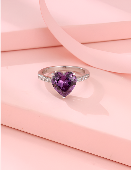 Purple Heart-shaped Silver Ring