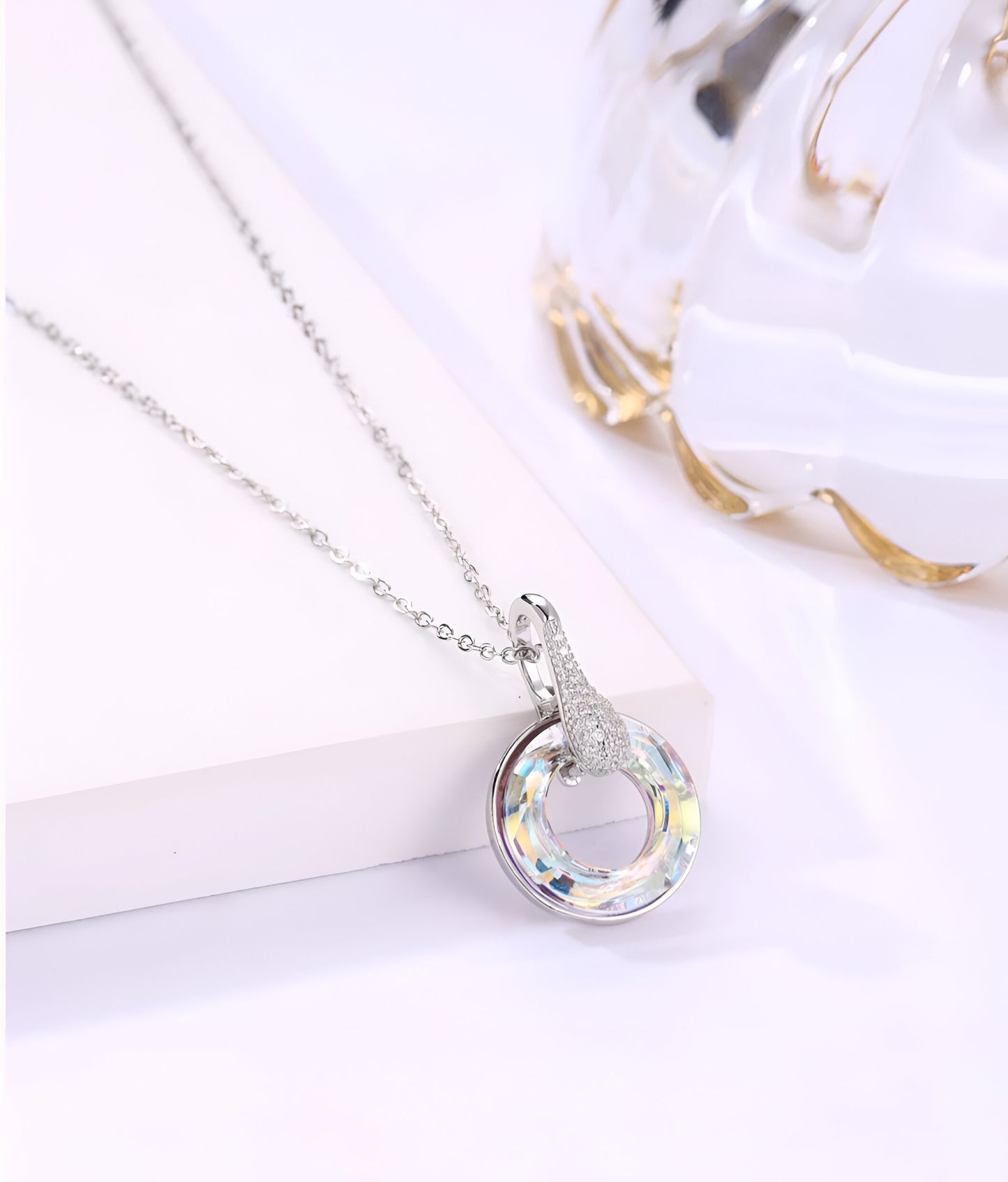 Round-shaped with Rainbow Stone Silver Pendant Set