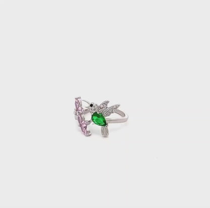 Bird Openable Ring with Green Stone Adjustable Silver Ring